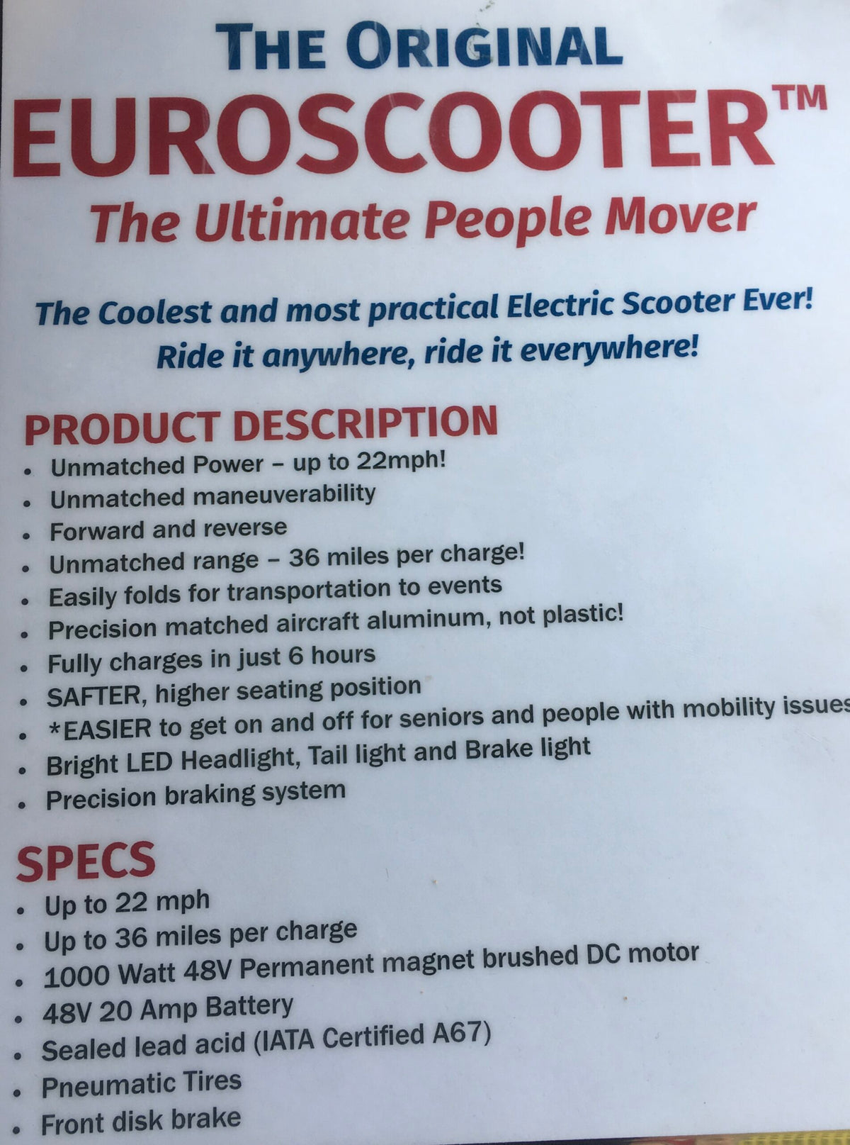 Roma E Mobile Euro Scooter-2025 MODEL Free local pick up and delivery options in Minnesota & Florida  Interest Free financing available.